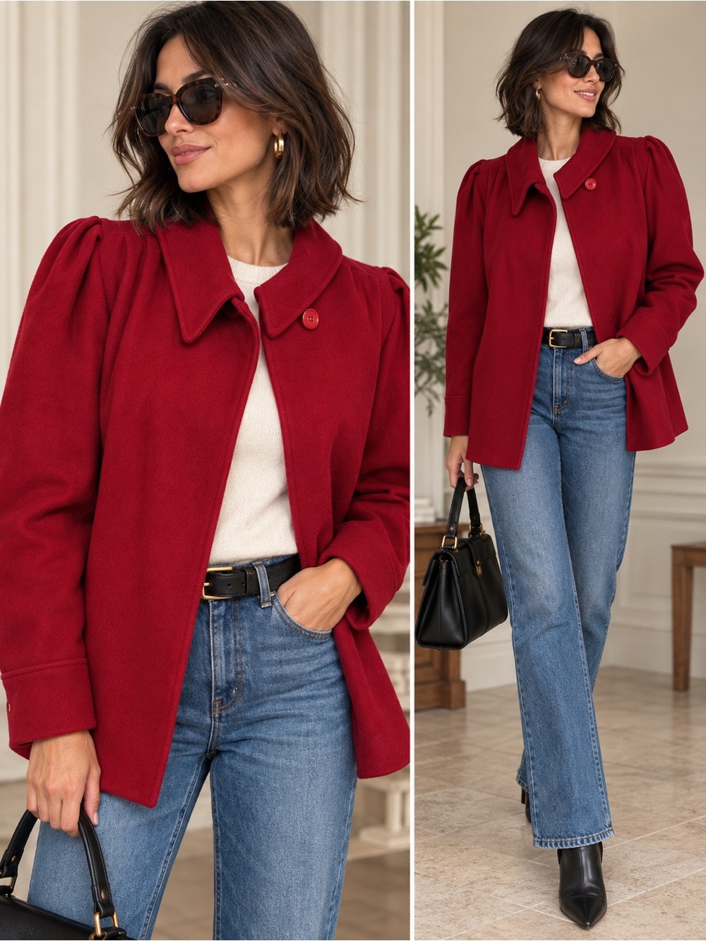 Vintage Ashley Scott Red 100% Wool Puff Sleeve Coat Made in USA 1980’s Parisian